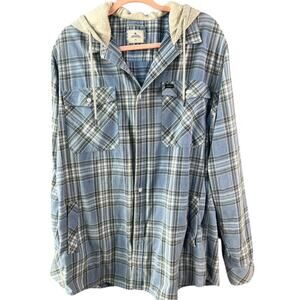 Rip Curl blue gray plaid button up hoodie flannel w/ pockets 100% cotton XL